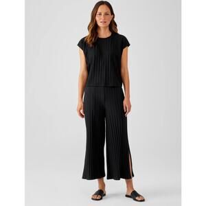 Eileen Fisher Black Wide Rib Stretch Square Top and Wide Rib Cropped Pants Set S